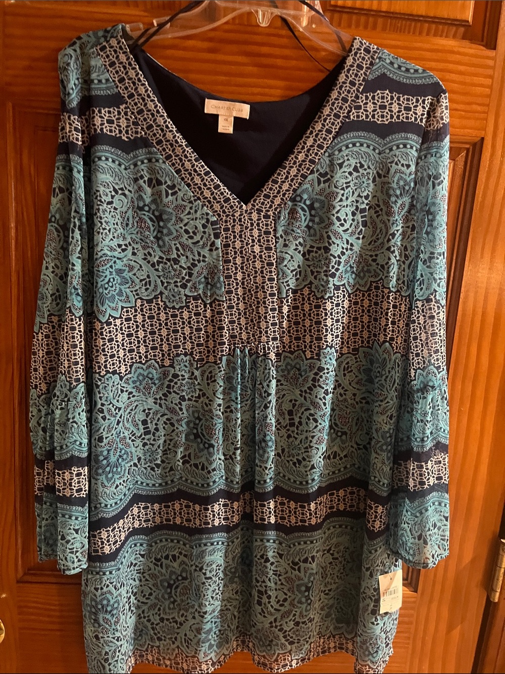 Charter Club Teal and Navy V-Neck Patterned Tunic